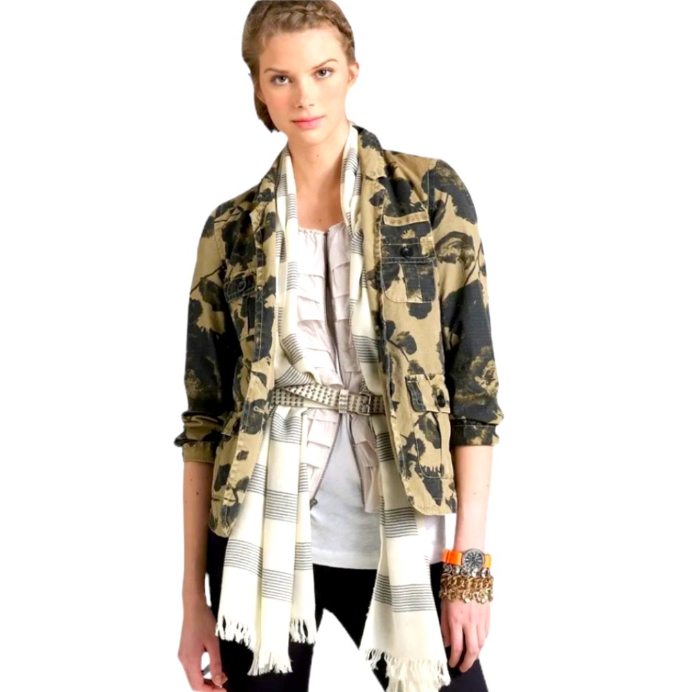 J. Crew Black/Tan Floral Graphic Military Style Jacket 100% Cotton‎ S